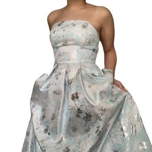 blue metallic foil floral print a-line prom dress